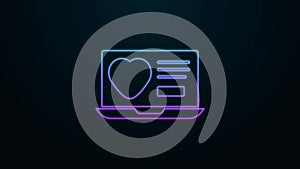 Glowing neon line Dating app online laptop concept icon isolated on black background. Female male profile flat design