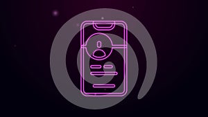 Glowing neon line Dating app online mobile concept icon isolated on black background. Female male profile flat design