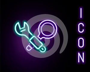 Glowing neon line Debugging icon isolated on black background. Debugging tool. Magnifying glass on bug programming