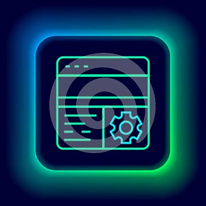 Glowing neon line Debugging icon isolated on black background. Debugging tool. Magnifying glass on bug programming