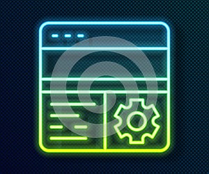 Glowing neon line Debugging icon isolated on black background. Debugging tool. Magnifying glass on bug programming