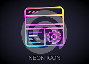 Glowing neon line Debugging icon isolated on black background. Debugging tool. Magnifying glass on bug programming