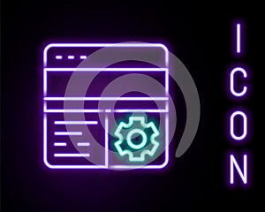 Glowing neon line Debugging icon isolated on black background. Debugging tool. Magnifying glass on bug programming