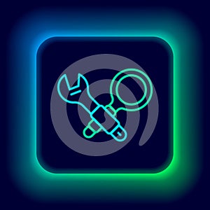 Glowing neon line Debugging icon isolated on black background. Debugging tool. Magnifying glass on bug programming