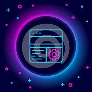 Glowing neon line Debugging icon isolated on black background. Debugging tool. Magnifying glass on bug programming