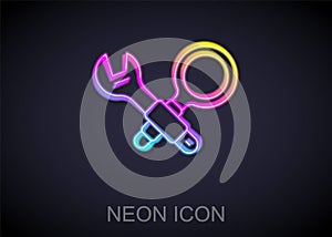 Glowing neon line Debugging icon isolated on black background. Debugging tool. Magnifying glass on bug programming