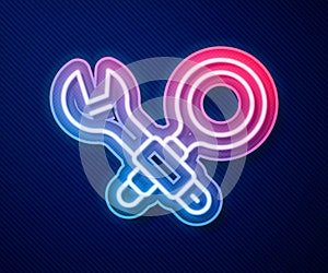 Glowing neon line Debugging icon isolated on blue background. Debugging tool. Magnifying glass on bug programming
