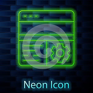 Glowing neon line Debugging icon isolated on brick wall background. Debugging tool. Magnifying glass on bug programming