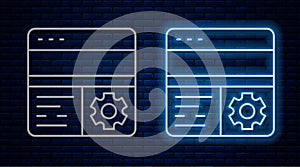 Glowing neon line Debugging icon isolated on brick wall background. Debugging tool. Magnifying glass on bug programming