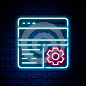 Glowing neon line Debugging icon isolated on brick wall background. Debugging tool. Magnifying glass on bug programming