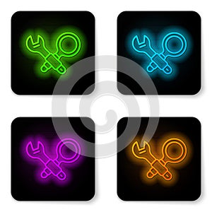Glowing neon line Debugging icon isolated on white background. Debugging tool. Magnifying glass on bug programming