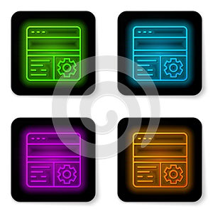 Glowing neon line Debugging icon isolated on white background. Debugging tool. Magnifying glass on bug programming