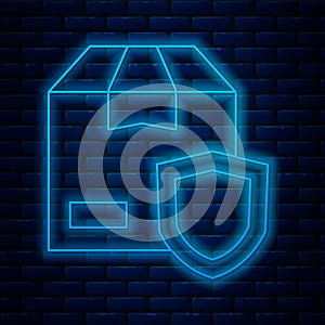 Glowing neon line Delivery security with shield icon isolated on brick wall background. Delivery insurance. Insured