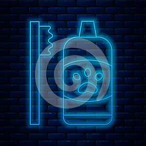 Glowing neon line Dental hygiene for pets icon isolated on brick wall background. Toothbrush and toothpaste. Teeth