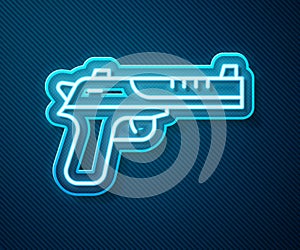 Glowing neon line Desert eagle gun icon isolated on blue background. Vector