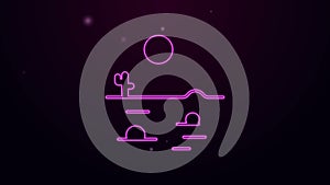 Glowing neon line Desert landscape with cactus icon isolated on purple background. 4K Video motion graphic animation