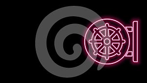 Glowing neon line Dharma wheel icon isolated on black background. Buddhism religion sign. Dharmachakra symbol. 4K Video