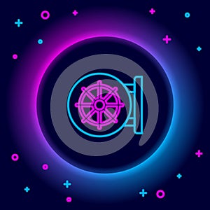 Glowing neon line Dharma wheel icon isolated on black background. Buddhism religion sign. Dharmachakra symbol. Colorful