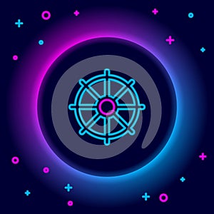 Glowing neon line Dharma wheel icon isolated on black background. Buddhism religion sign. Dharmachakra symbol. Colorful