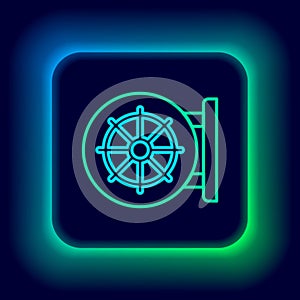 Glowing neon line Dharma wheel icon isolated on black background. Buddhism religion sign. Dharmachakra symbol. Colorful