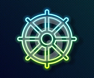 Glowing neon line Dharma wheel icon isolated on black background. Buddhism religion sign. Dharmachakra symbol. Vector