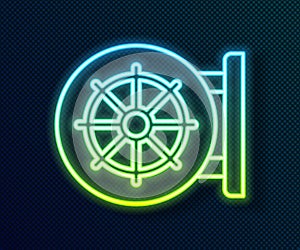 Glowing neon line Dharma wheel icon isolated on black background. Buddhism religion sign. Dharmachakra symbol. Vector
