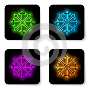 Glowing neon line Dharma wheel icon isolated on white background. Buddhism religion sign. Dharmachakra symbol. Black