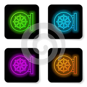 Glowing neon line Dharma wheel icon isolated on white background. Buddhism religion sign. Dharmachakra symbol. Black