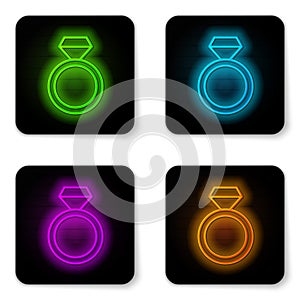 Glowing neon line Diamond engagement ring icon isolated on white background. Black square button. Vector