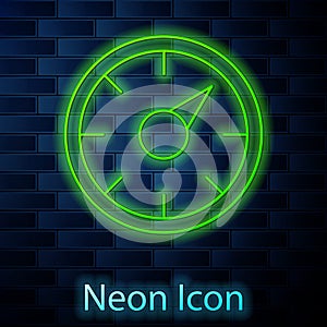 Glowing neon line Digital speed meter concept with 5G icon isolated on brick wall background. Global network high speed