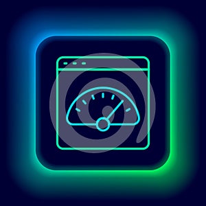 Glowing neon line Digital speed meter icon isolated on black background. Global network high speed connection data rate