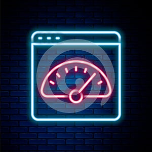 Glowing neon line Digital speed meter icon isolated on brick wall background. Global network high speed connection data