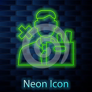 Glowing neon line Dismissed sad young man carrying box with his personal belonging leaving his job icon isolated on