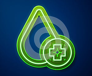 Glowing neon line Donate drop blood with cross icon isolated on blue background. Vector