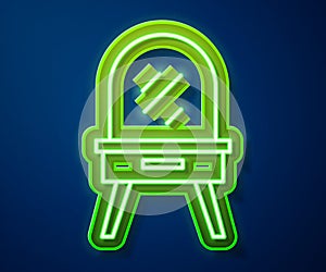 Glowing neon line Dressing table icon isolated on blue background. Vector