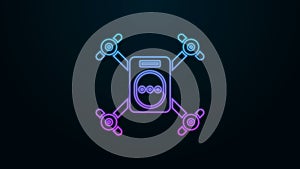 Glowing neon line Drone flying with action video camera icon isolated on black background. Quadrocopter with video and