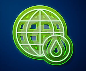 Glowing neon line Earth planet in water drop icon isolated on blue background. World globe. Saving water and world