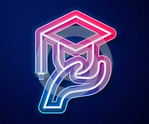 Glowing neon line Education grant icon isolated on blue background. Tuition fee, financial education, budget fund