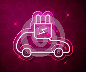 Glowing neon line Electric car and electrical cable plug charging icon isolated on red background. Renewable eco