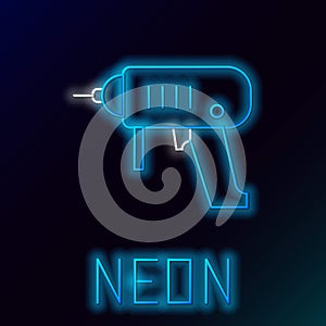 Glowing neon line Electric drill machine icon isolated on black background. Repair tool. Colorful outline concept