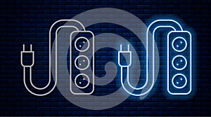 Glowing neon line Electric extension cord icon isolated on brick wall background. Power plug socket. Vector