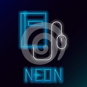 Glowing neon line Electronic book with mouse icon isolated on black background. Online education concept. E-book badge