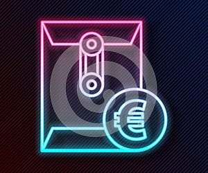 Glowing neon line Envelope with euro symbol icon isolated on black background. Salary increase, money payroll