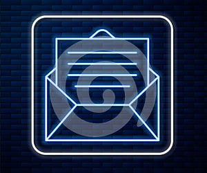 Glowing neon line Envelope icon isolated on brick wall background. Email message letter symbol. Vector Illustration