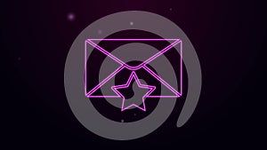 Glowing neon line Envelope with star icon isolated on purple background. Important email, add to favourite icon. Starred
