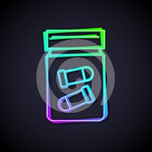 Glowing neon line Evidence bag with bullet icon isolated on black background. Vector