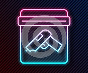 Glowing neon line Evidence bag with pistol or gun icon isolated on black background. Vector