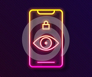 Glowing neon line Eye scan icon isolated on black background. Scanning eye. Security check symbol. Cyber eye sign