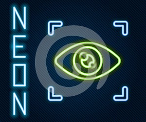 Glowing neon line Eye scan icon isolated on black background. Scanning eye. Security check symbol. Cyber eye sign