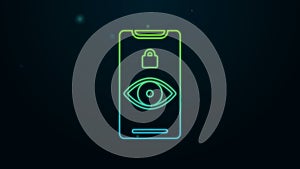 Glowing neon line Eye scan icon isolated on black background. Scanning eye. Security check symbol. Cyber eye sign. 4K